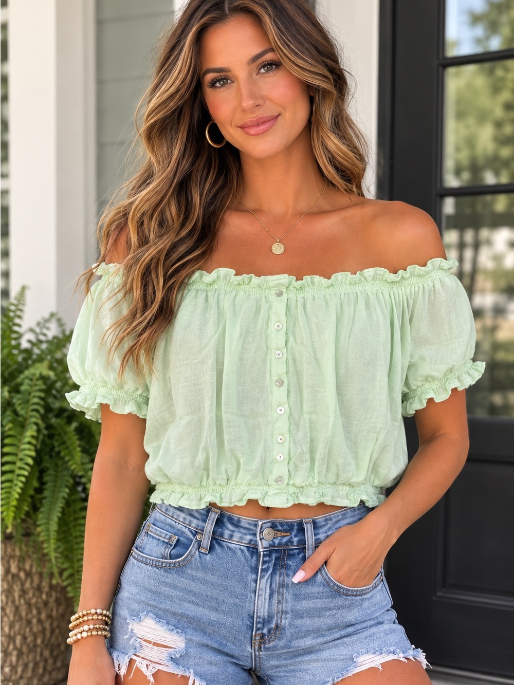 Hyfve Smocked Off-the-Shoulder Button-Down Crop Top - Medium